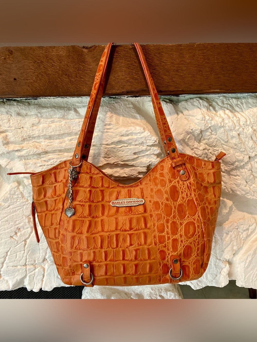 NWOT Harley Davidson vintage 2013 orange leather crocodile embossed handbag